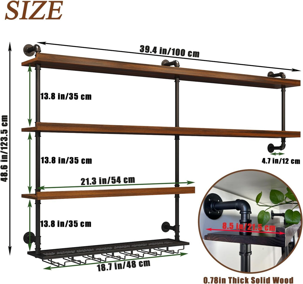 Solid Wood LED Wall Mounted Wine Rack (39.4 in/ 100CM) | 4 Tiers Liquor Bottles Floating Shelves with Glass Holder