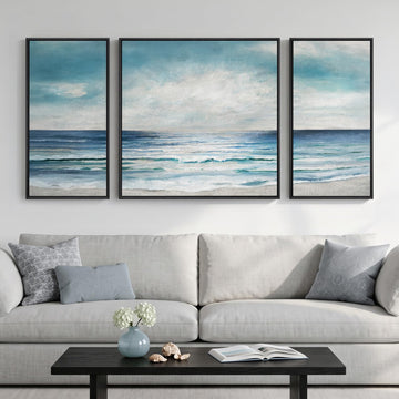 Extra Large Framed Blue White Coastal Wall Art, 3 Piece Set