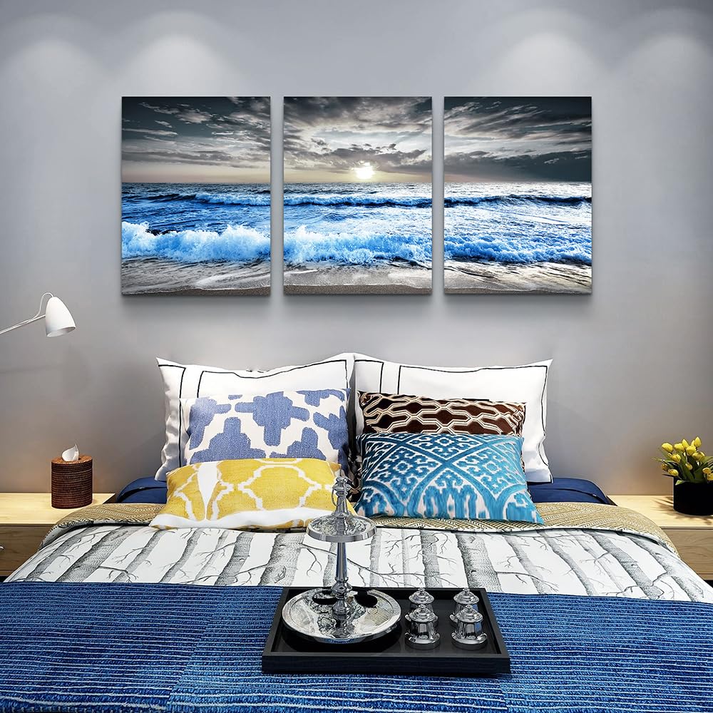 3 Piece Canvas Wall Art - Blue Ocean Wave Seascape Pictures - Bedroom, Living Room, Office Wall Decor - Modern Home