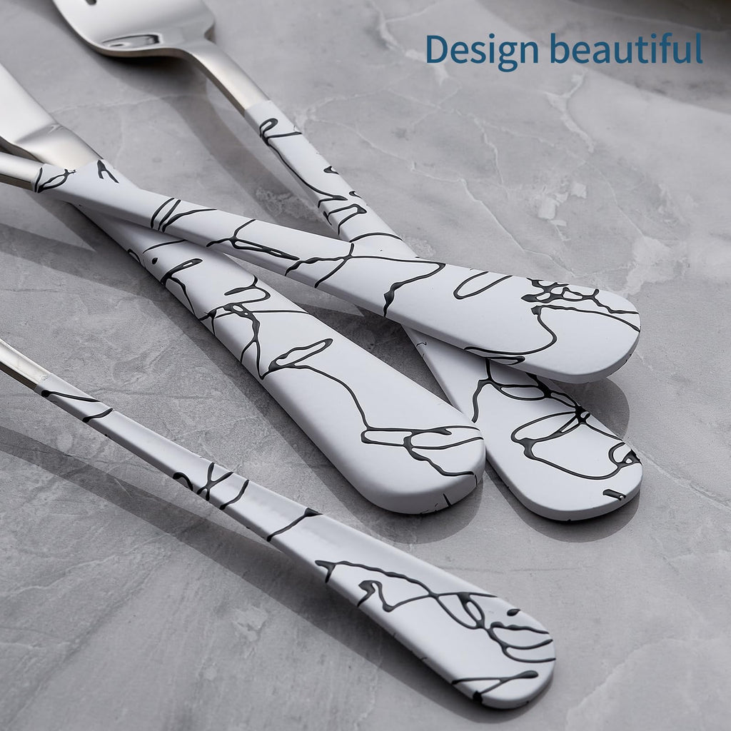 20-Piece White Silverware Set with White Handle 18/0 Stainless Steel Flatware Marbling Handle Cutlery Black Service