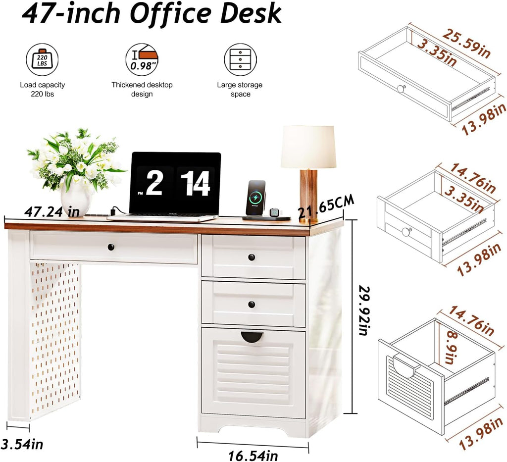 47" Home Office Desks, Executive Desk, Farmhouse Computer Desk with Drawers and Charging Station, File Drawer