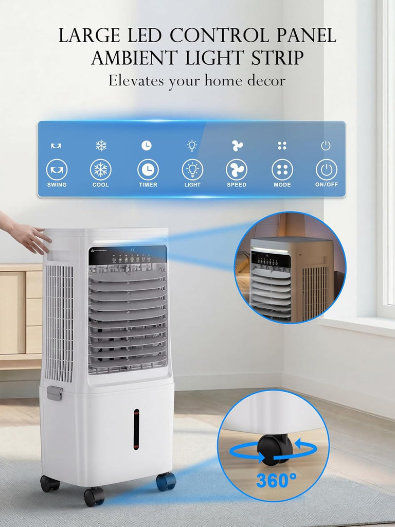 2200CFM Swamp Cooler Air Conditioner, Evaporative Cooler with Dual Water Tanks for 24H Cooling, 120° Oscillating