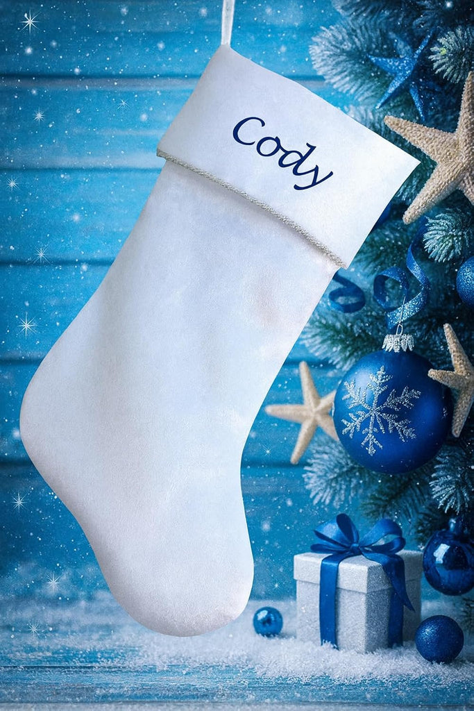 Elegant White Velvet Christmas Stocking | Luxury Christmas Decor with Silver Metallic Rope Trim | Winter Wonderland