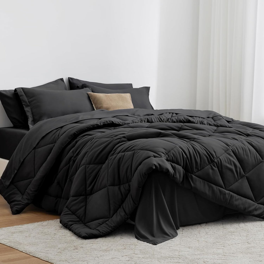 Love's cabin King Comforter Set Black, 7 Pieces King Bed in a Bag, All Season Bedding Sets with 1 Comforter
