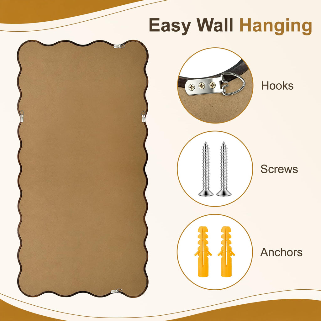 Full Length Mirror, 56"x28" Boho Wavy Floor Mirror, Dark Brown