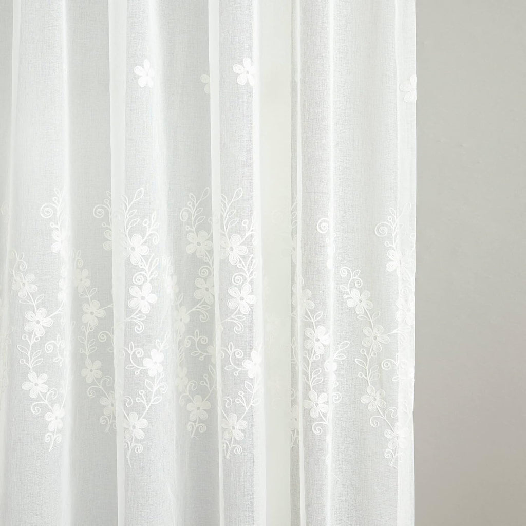 White Rod Pocket Sheer Curtains 96 inches Length, Embroidered Window Curtain Sheer Voile Panels , 60x96, Two Panels