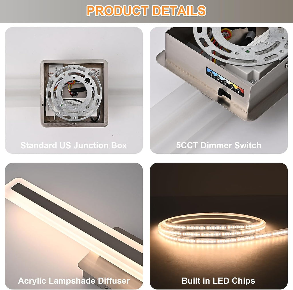 28W Modern Vanity Lights 24.0 Inch LED Vanity Bar Light 5CCT Dimmable Brushed Nickel Wall Sconces LED Bathroom