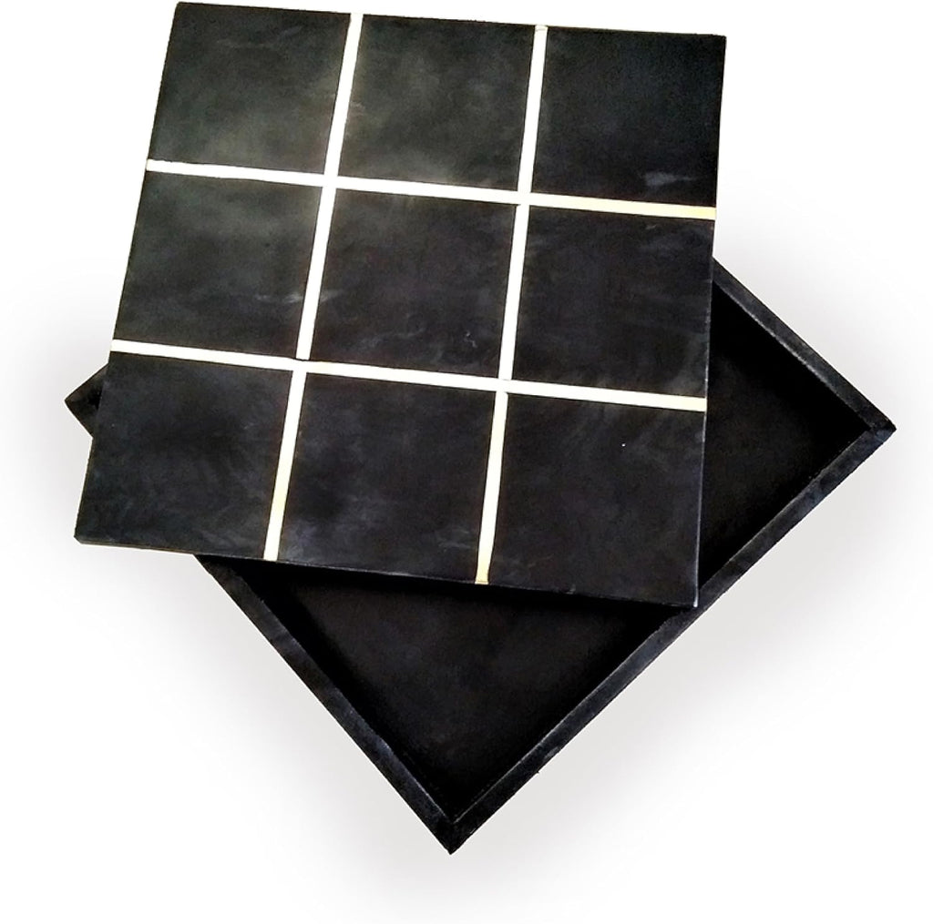 Leza Tic Tac Toe Game Set, Black Marble with Gold Inlay, 12 Inch