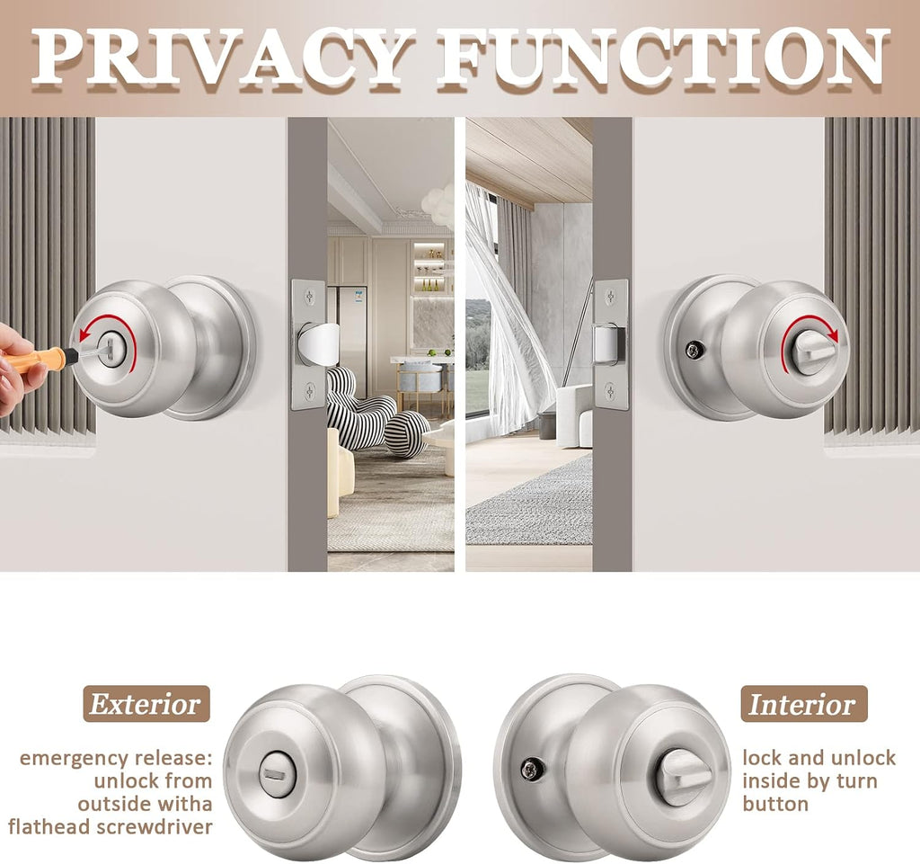 6 Pack Round Privacy Door Knob(Thumb Turn Lock on The Inside), Keyless Doorknobs Interior/Exterior Lockset,Privacy