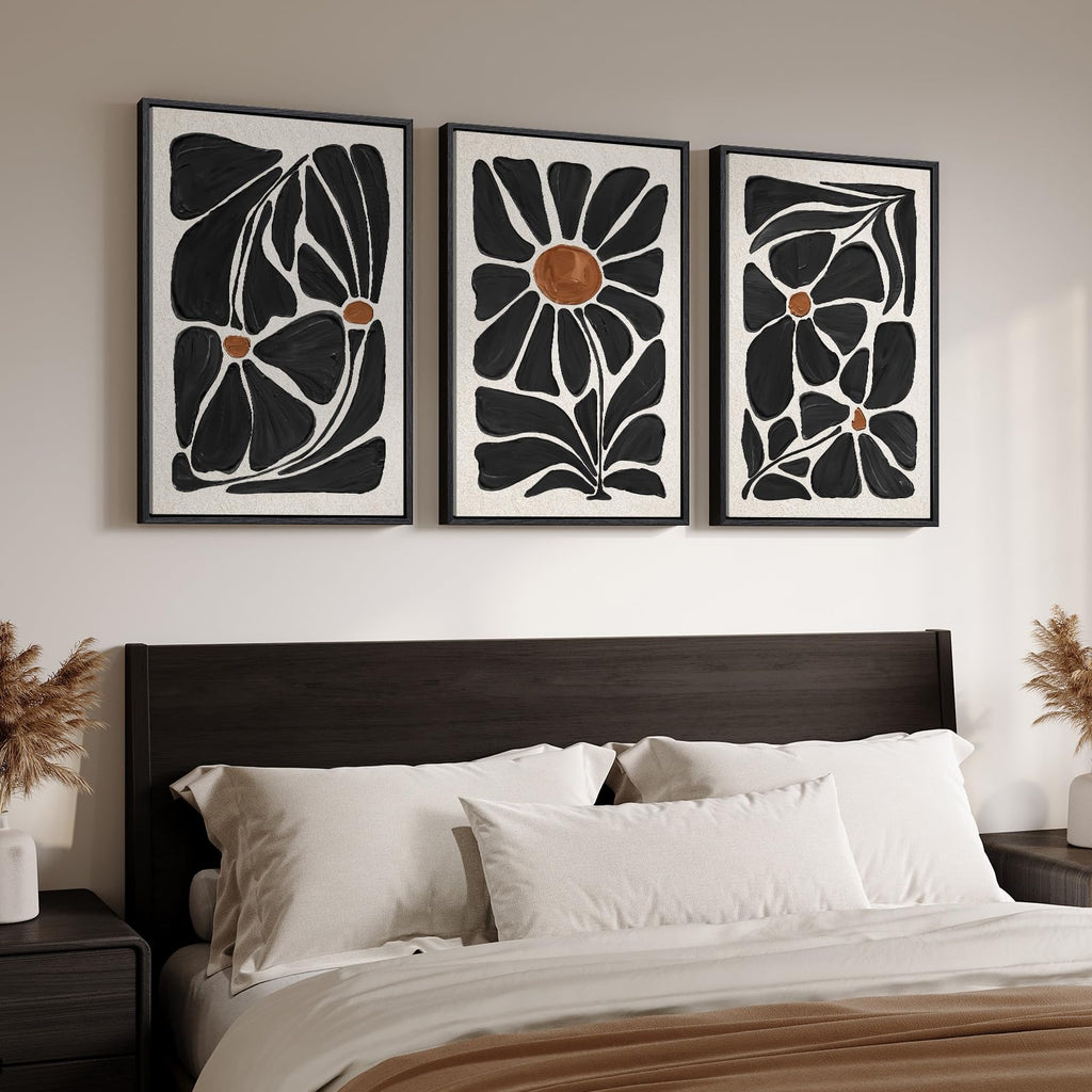 Large Framed Black and White Boho Floral Wall Art, 3 Piece