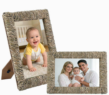 2 Pack 5x7 Boho Rattan Picture Frame, Handwoven Seagrass Woven Photo Frame with Acrylic Glass, Rustic Tabletop Frame
