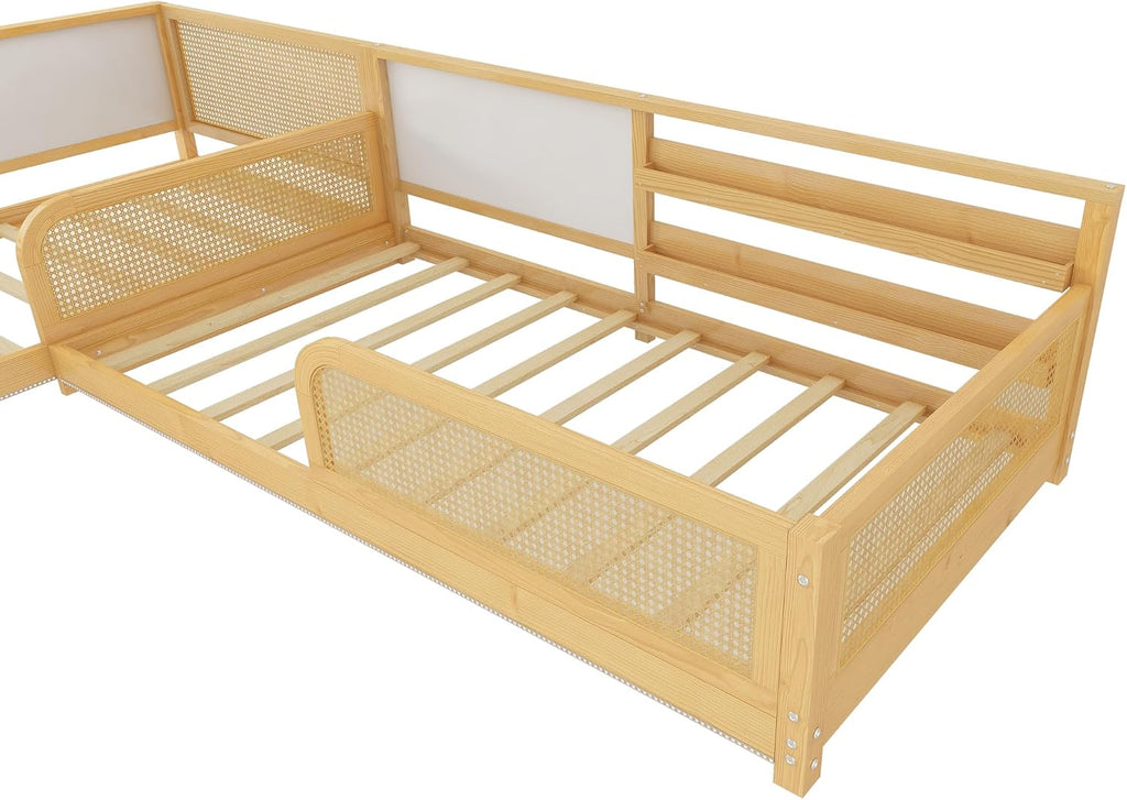 L-Shaped Double Twin Size Pine Wooden Floor Bed Frame with Bookshelves & Whiteboards, for 2, Detachable 2 in 1 Low