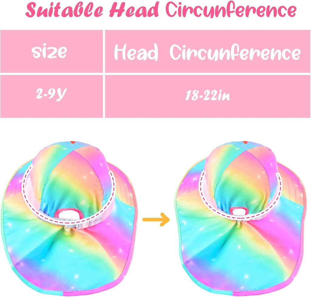 Girls Sun Hat for Kids UV Protection Unicorn Summer Hat Beach Play Hats Wide Brim Neck Flap for Girls Ponytail Hat