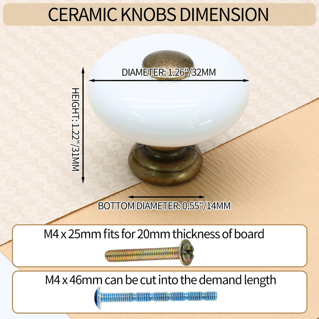 6pcs White Ceramic Cabinet Knobs, Large Round Drawer Knobs