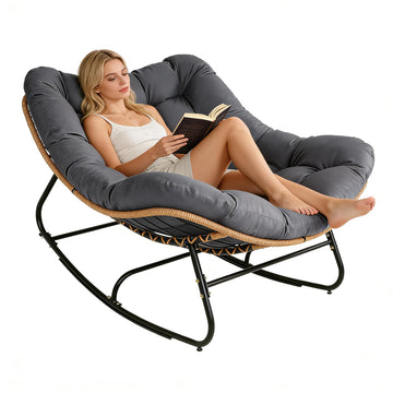 Oversized Wicker Rocking Chair Indoor Outdoor, 450 LBS Heavy Duty Patio Papasan Egg Chair with Cushion, E-Coated