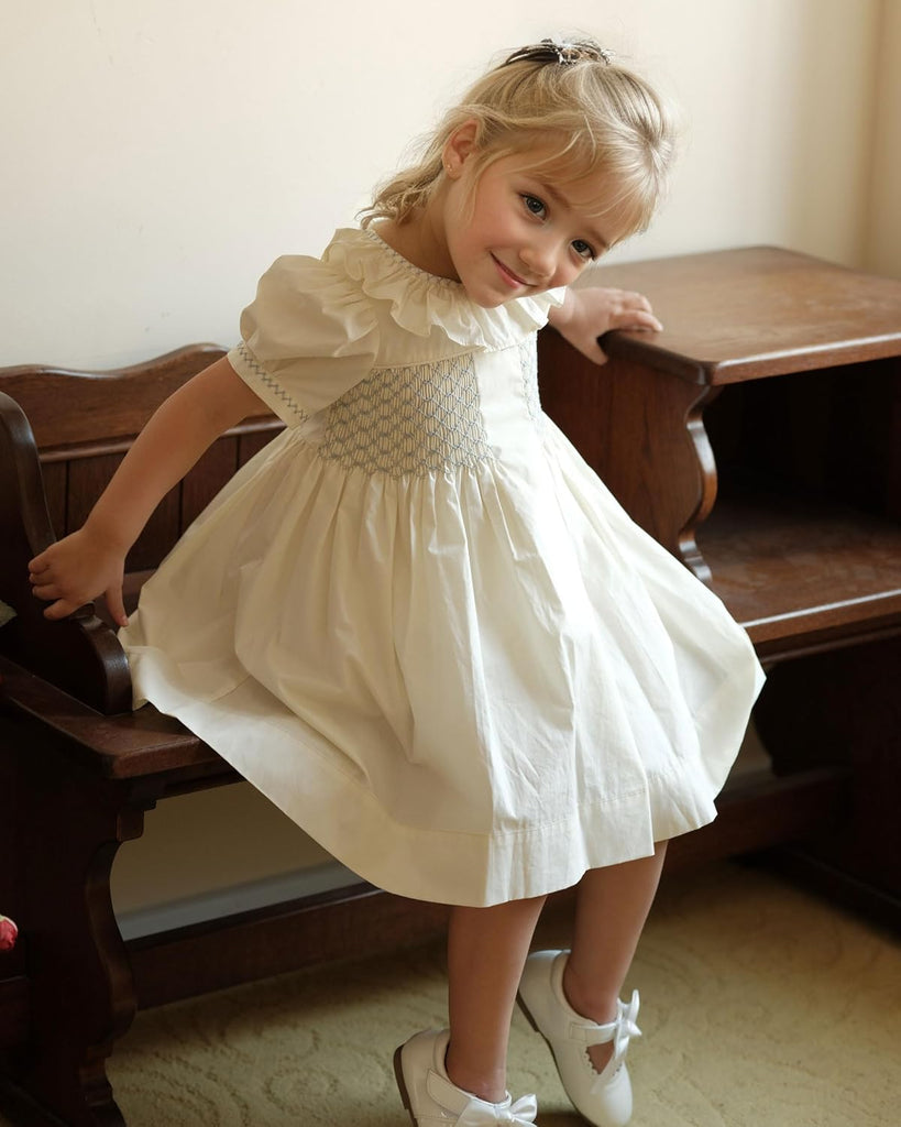 Toddler Girls Smocked Dress with Puff Sleeve Vintage Cotton Dress