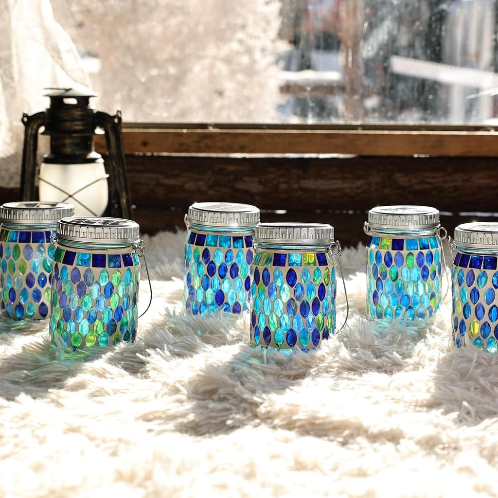 2 Pack Mosaic Lanterns Outdoor Waterproof with 215% Larger Solar Panel, Never Rust Lids, True Capacity Battery- Solar