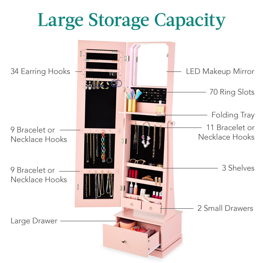 360 Swivel Mirrored Jewelry Cabinet, Standing Armoire, Makeup Storage Organizer, w/LED-lit Mirror, 3 Shelves - Dusty