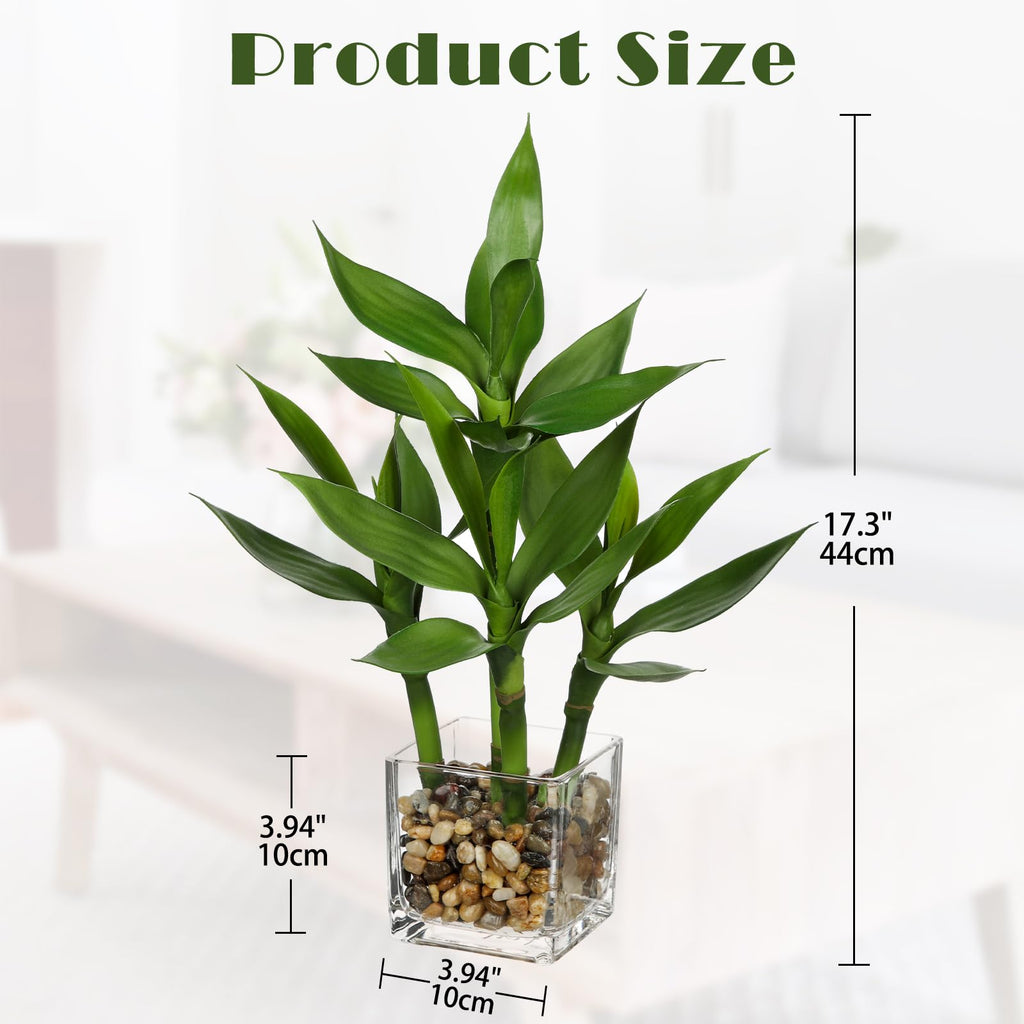 Artificial Lucky Bamboo Plant 17.3 Fake Plant in Rectangular Glass Pot for Centerpiece Table Decorations Farmhouse