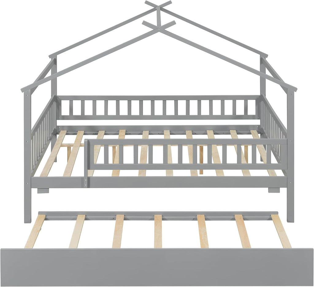 & Bright Designs House Bed with Trundle, Full Size Montessori Bed Frame with Fence Rails and Roof for Kids Girls &