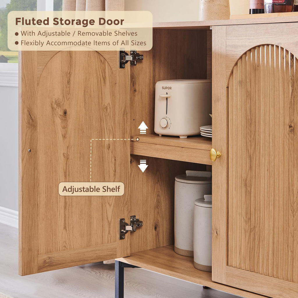 Modern Buffet Cabinet with Storage, 34" Tall Fluted Arched Sideboard Cabinet w/Adjustable Shelves