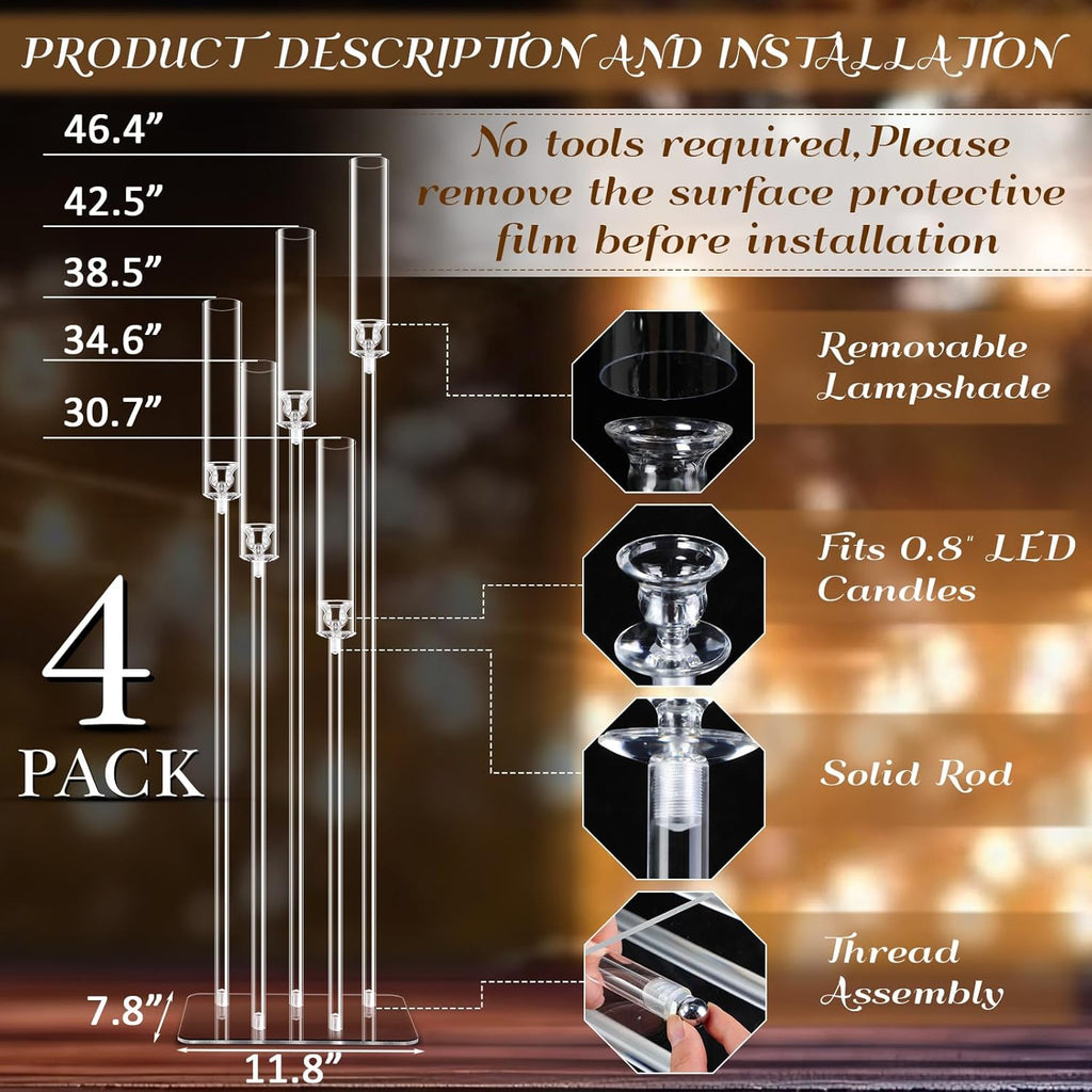 4 Set 5 Arms Acrylic Candelabra Centerpieces 46.4'' Tall Clear Candle Holders Wedding Table Centerpiece Floor Candle