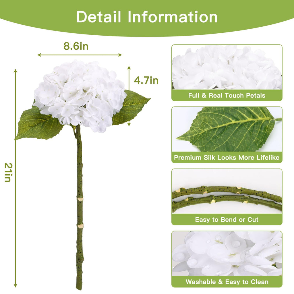 4pcs White Hydrangea Artificial, 21in Real Touch Hydrangeas, Lifelike Fake Hydrangea Flower Decor Party Floral