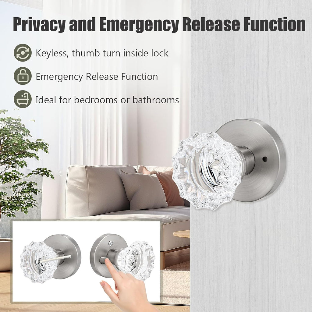 Solid Crystal Glass Door Knobs (Stain Nickel, Privacy)