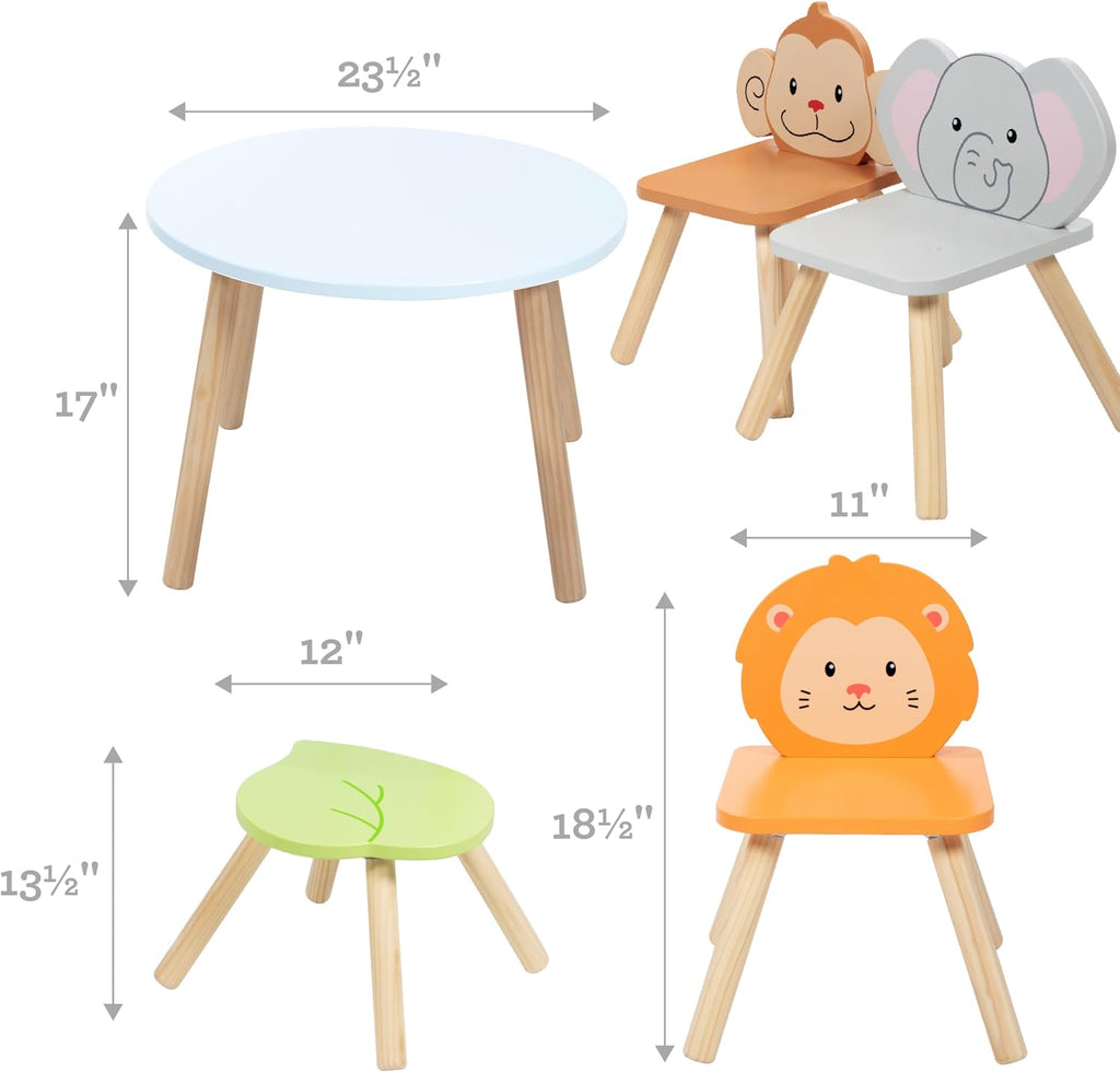 Kids Wooden Animal Table & Chair Set w 4 Seats- Monkey Lion & Elephant