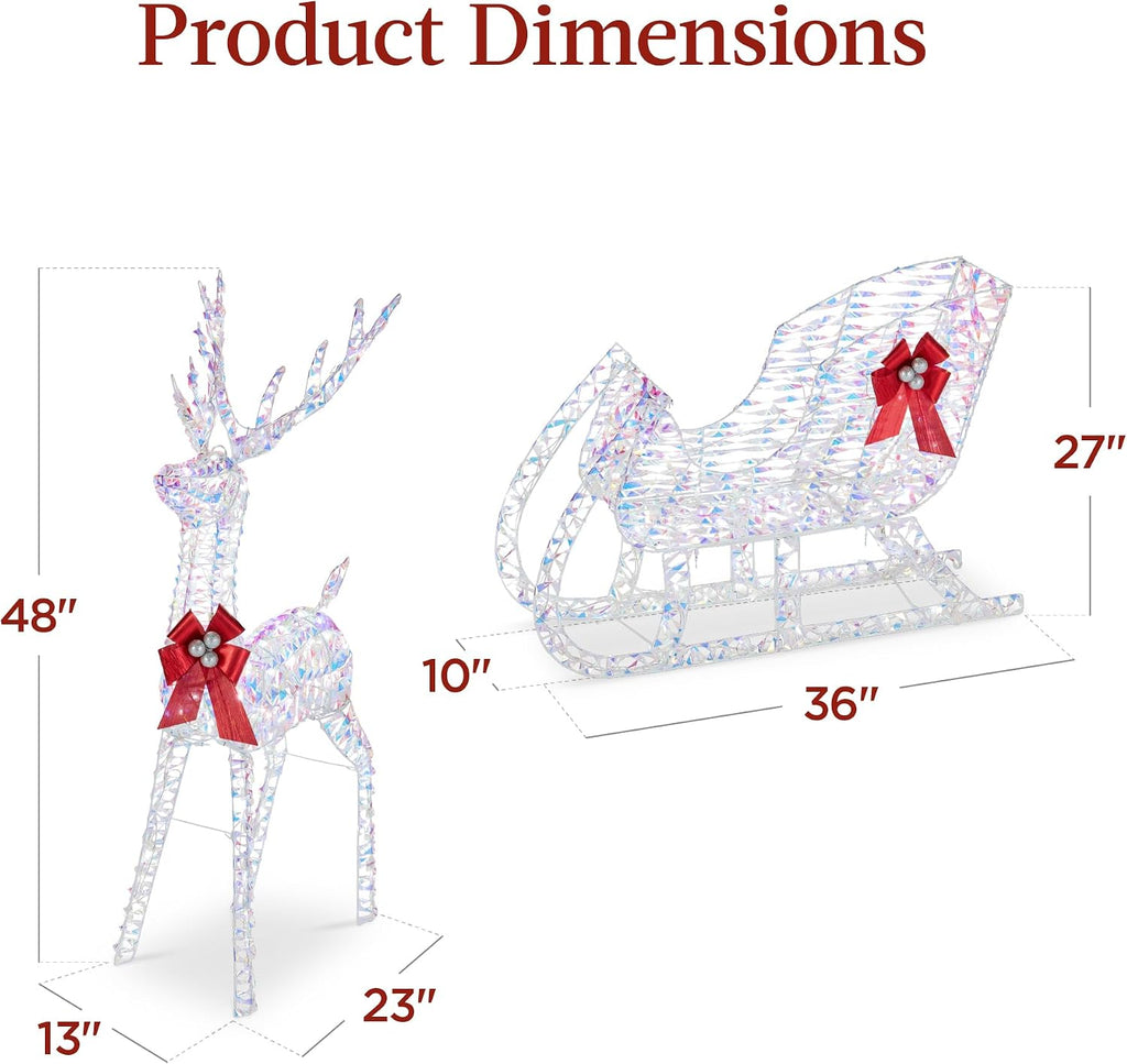 Lighted Christmas 4ft Reindeer & Sleigh Holiday Outdoor Yard Decoration Set w/ 205 LED Lights, Stakes, Zip Ties