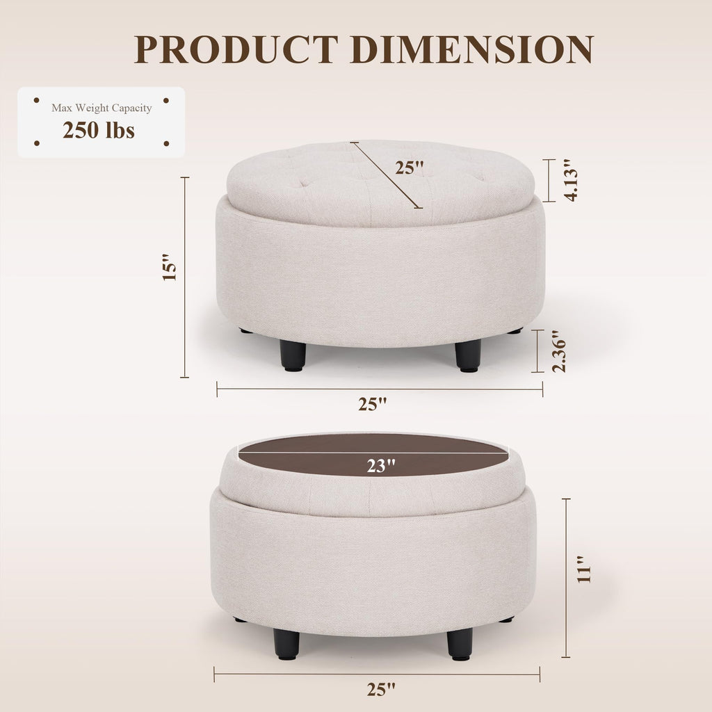 Round Hidden Storage Ottoman with Reversible Tray Lid - Multi-Functional Footrest, Sturdy & Stylish Fabric Coffee