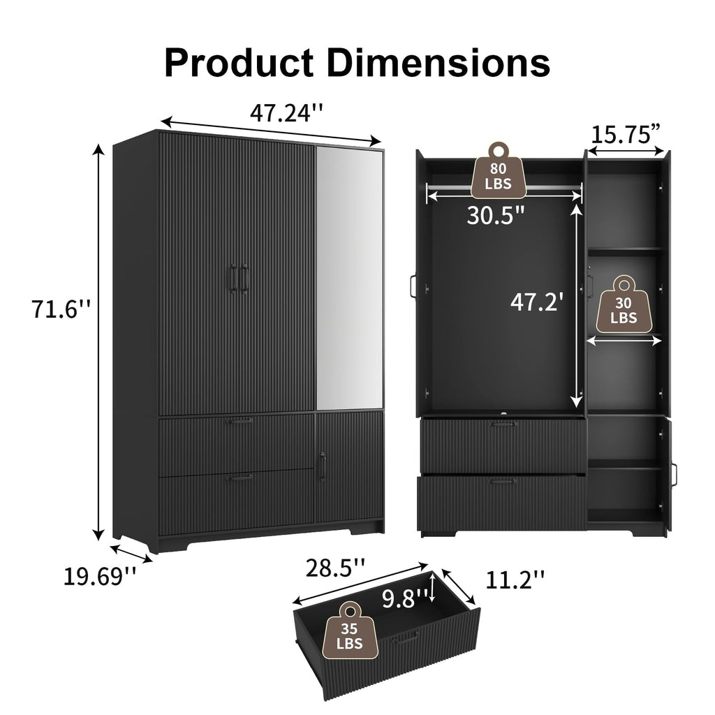 72'' Fluted Armoire Wardrobe Closet with Mirror Door and 2 Drawers, Tall Bedroom Armoire Wardrobe Cabinet with Hanging