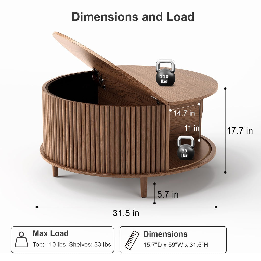 31.5" Round Coffee Table with Storage, Walnut
