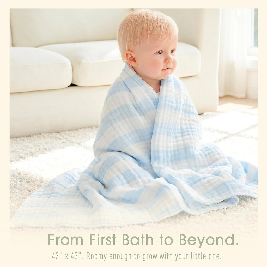 Organic Muslin Baby Bath Towel Blanket Pc Gift Set - Blue Stripe