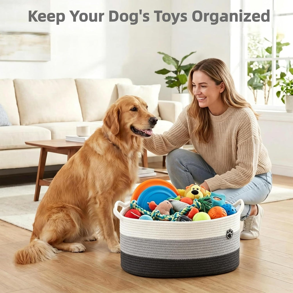 40L Extra Larg Dog Toy Basket, Woven Rope Storage Basket, White-Grey