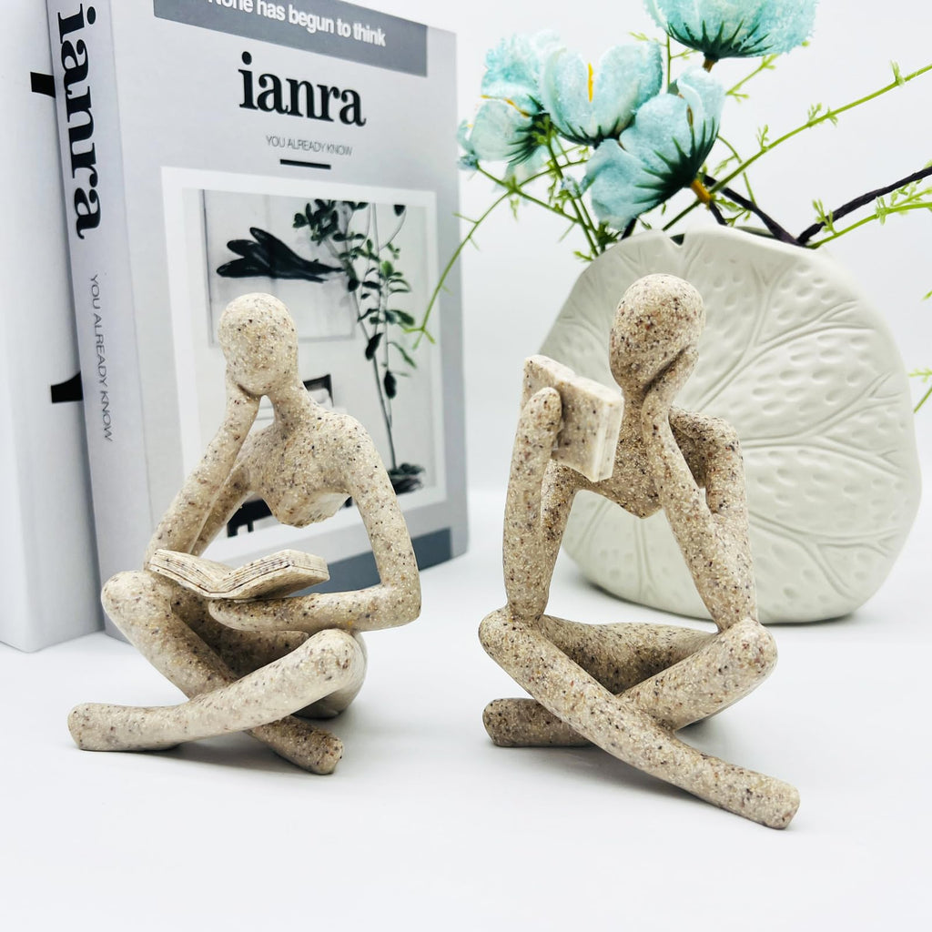 2 Pcs Home Decor Sandstone Reading Thinker Statue Modern Figurines Abstract Aesthetic Sculpture Thinker Statuettes of