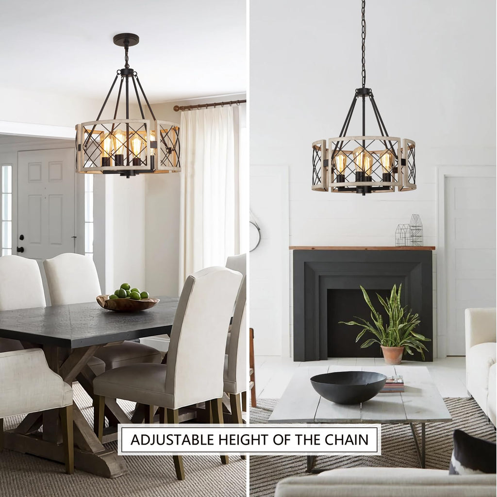 D19'' Farmhouse Chandelier, 4-Light Adjustable Dining Room Light Fixture Kitchen Island Lighting, Rustic Hanging