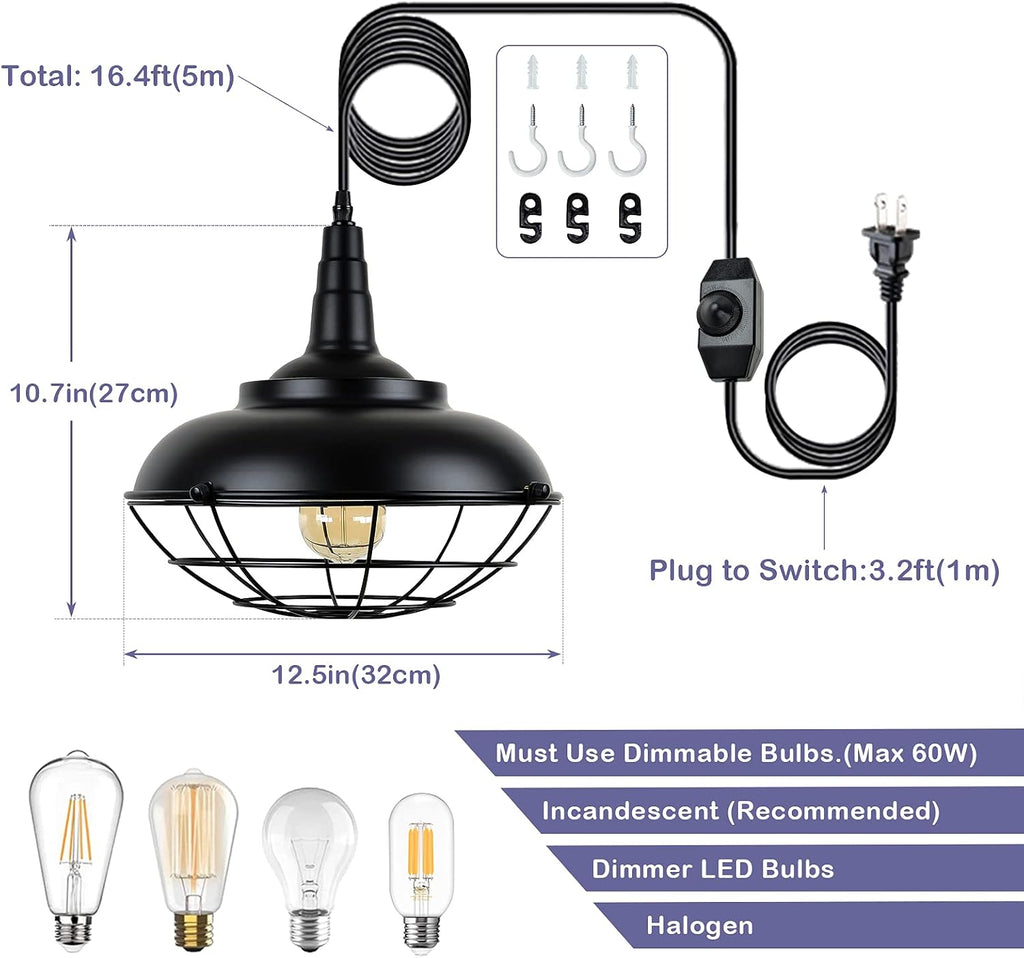 Plug In Hanging Light Fixtures, Black Cage Plug In Pendant Light, Metal Outdoor Chandelier for Gazebo Porch