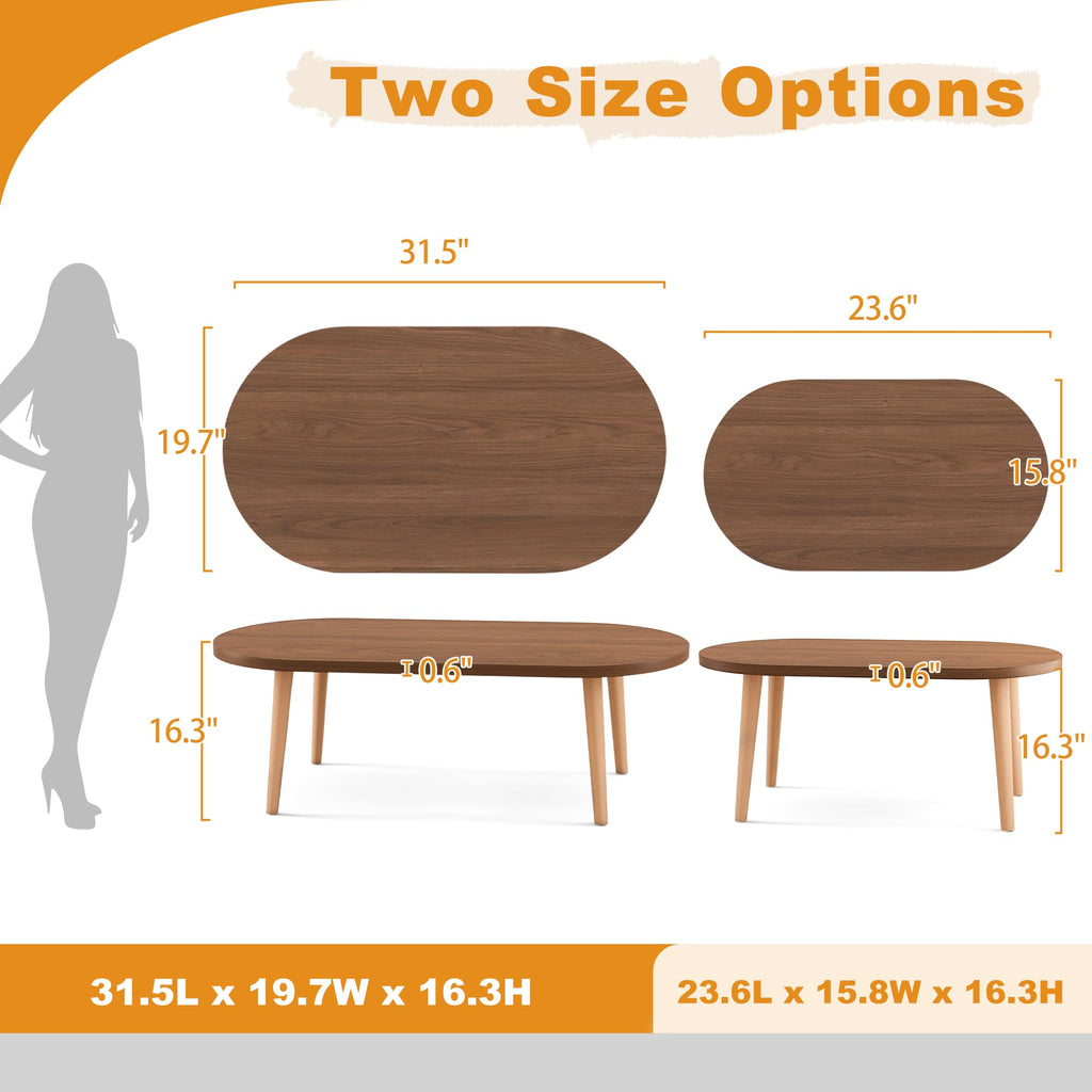 Coffee Table, 31.5" Oval Low Coffee Tables with Solid Wood Legs Walnut