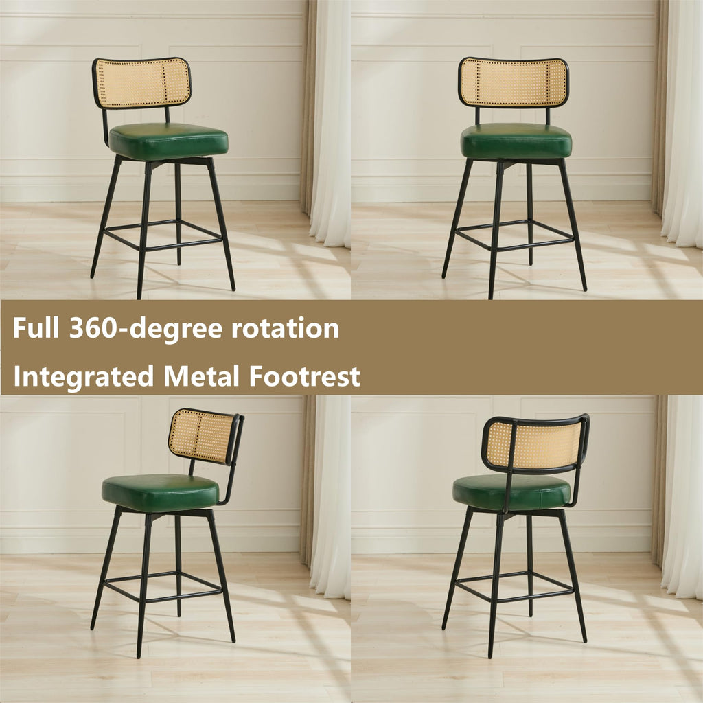 Rattan Bar Stools Set of 2, Swivel Counter Height, Green