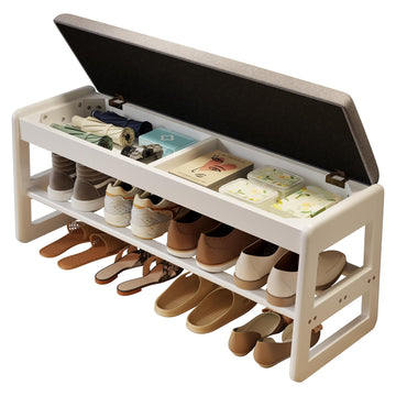 Shoe Bench with Storage, Wooden 2 Tiers with Flip-Top, White, 39.3"
