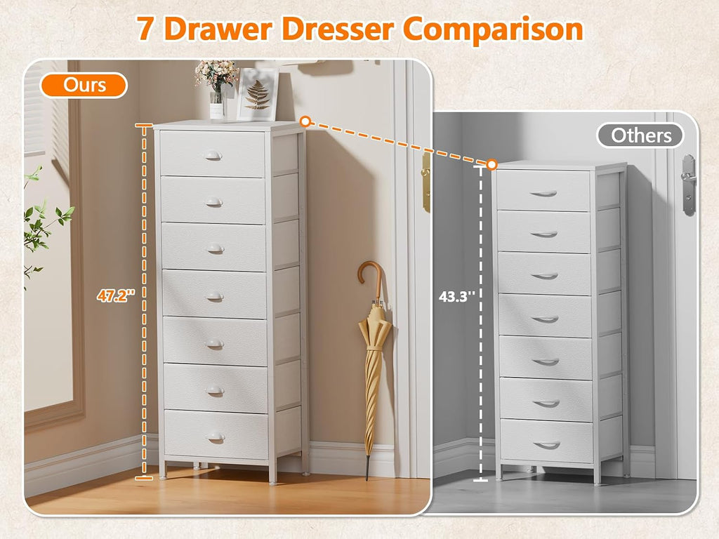 White Bedroom Dresser, Tall Dressers & Chests of Drawers with 7 Fabric Bins & Vintage Dressers & Chest of Drawers