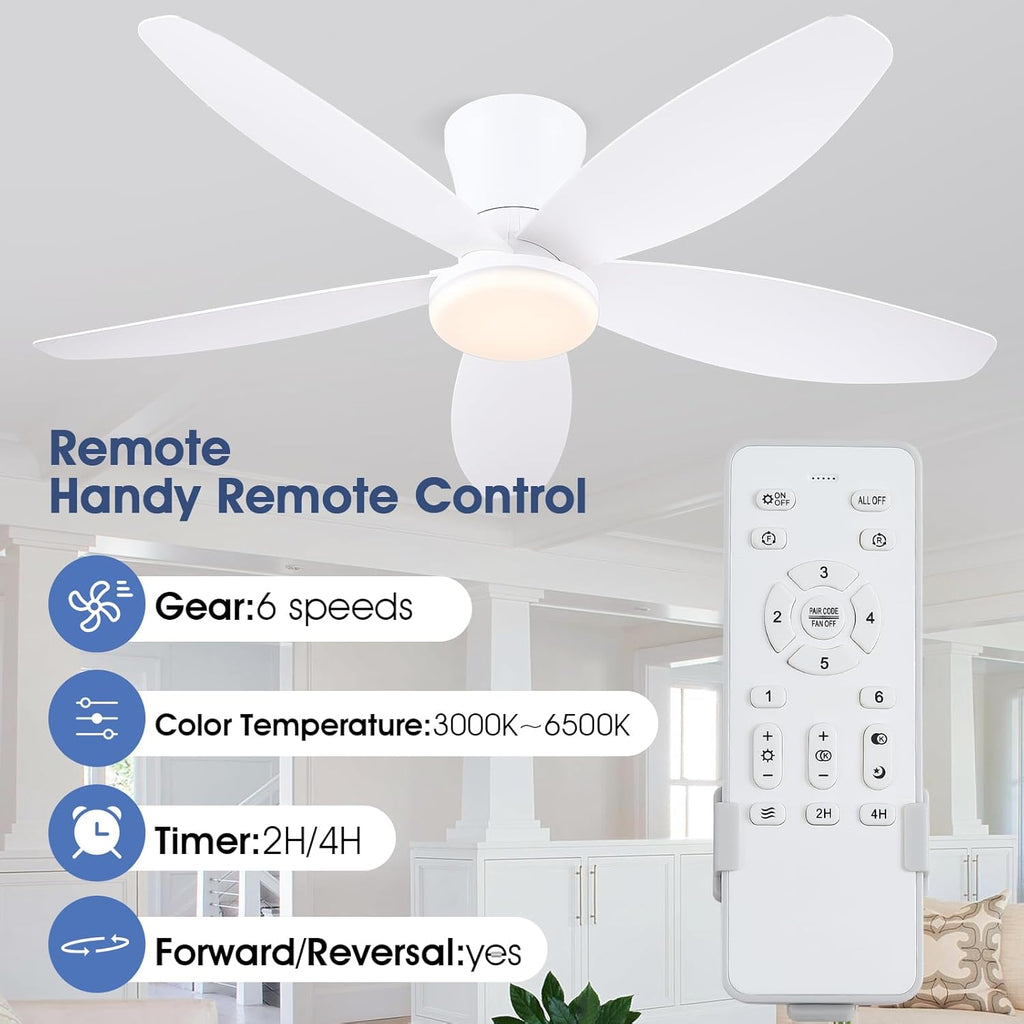 42" Ceiling Fans with Lights-Low Profile Ceiling Fan with Light and Remote/APP Control,Flush Mount,DC Reversible,LED Dimmable Modern Ceiling Fans for Bedroom,Indoor/Outdoor Patio Use(White) A101-B0CZH6X24P