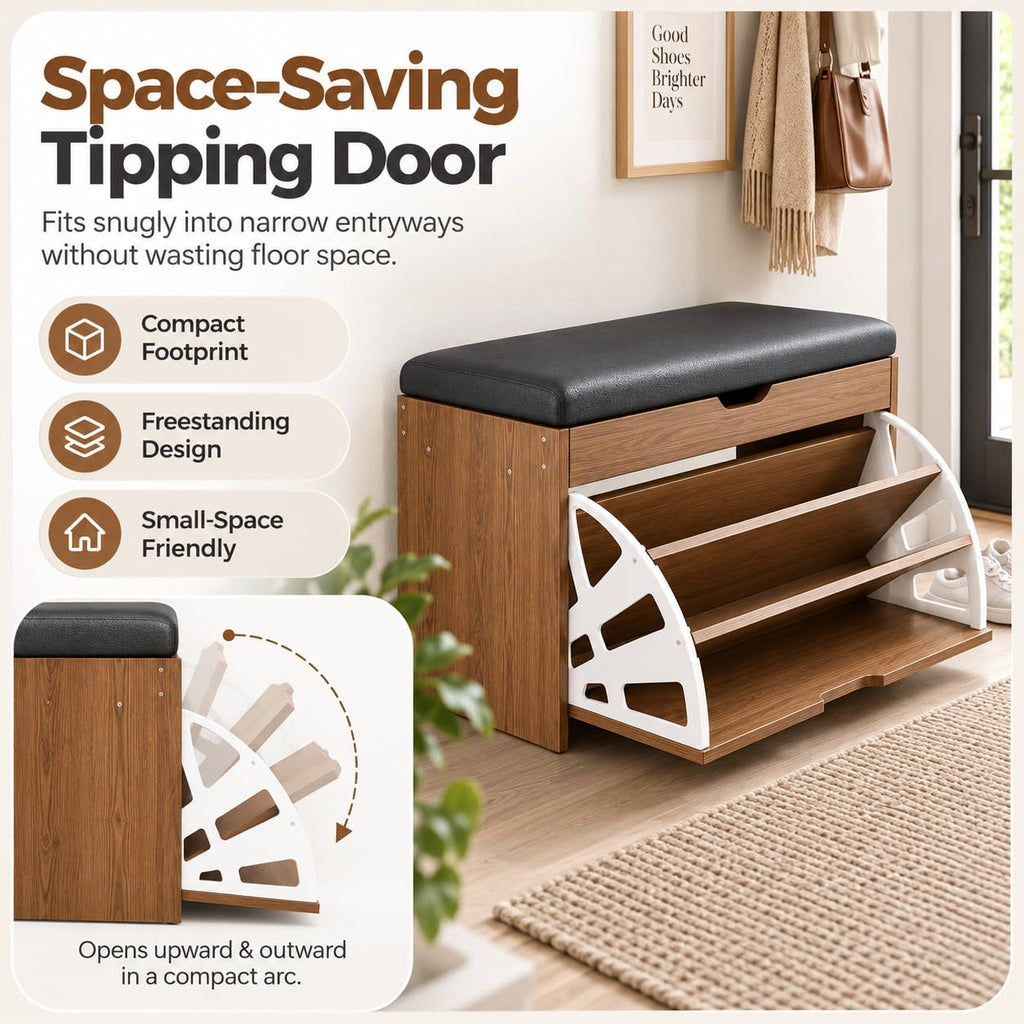 Wood Shoe Storage Bench with Cushion, Flip-up Drawer
