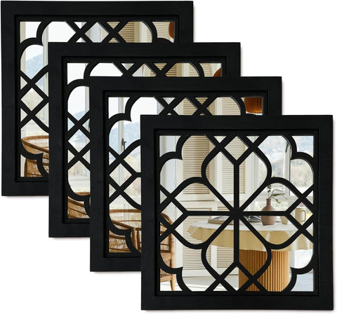Set of 4 Wooden Rustic Square Wall Mirror Vintage Style Decorative Entry Mirror Farmhouse Wall Decoration Bedroom