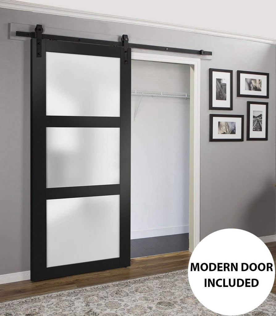 Lucia 2552 | Interior Single Sliding barn Door with Frosted Glass, Solid Wood, 32x84, Black, Modern 