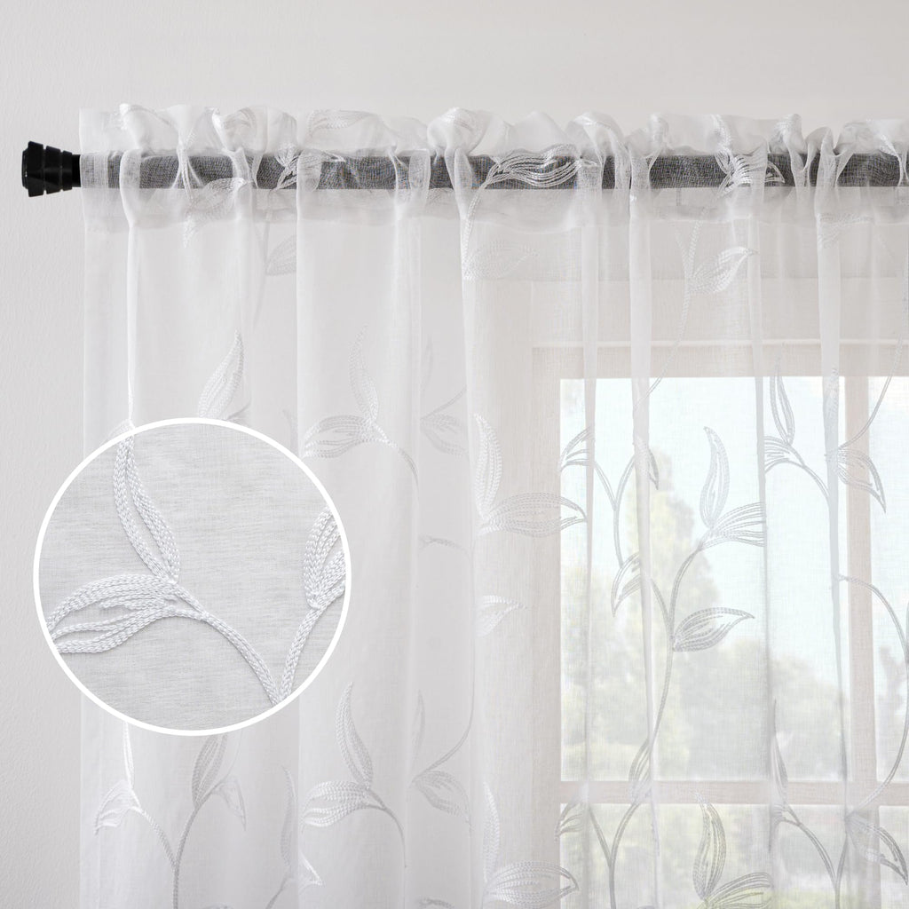 White Sheer Curtains Boho Leaf Floral Embroidered 54Wx102L