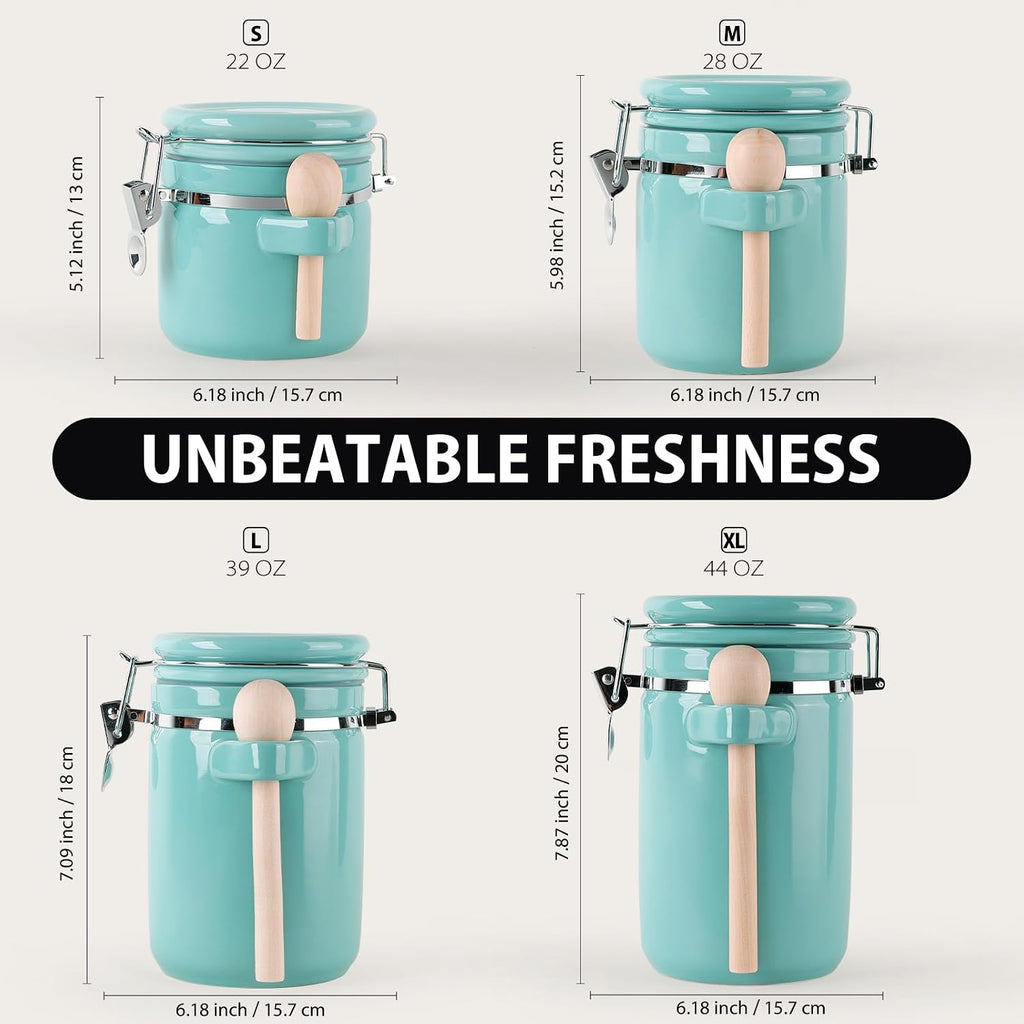 Airtight Ceramic Canister Set With Attached Wooden Spoon Reusable Chalk Labels For Dry Goods Sugar Coffee Tea - Set of 4