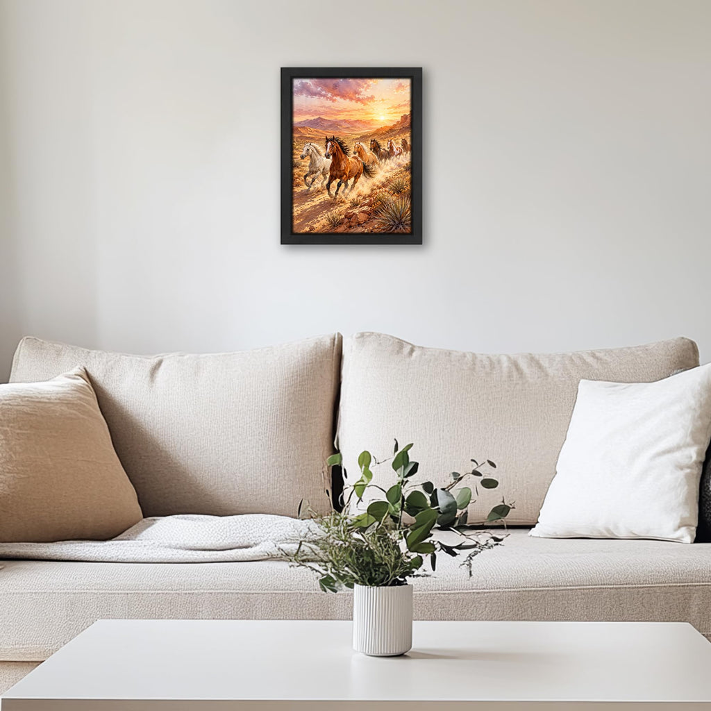 Running Horses Decor Wall Art, Western Sunset Landscape Picture 16"x20"