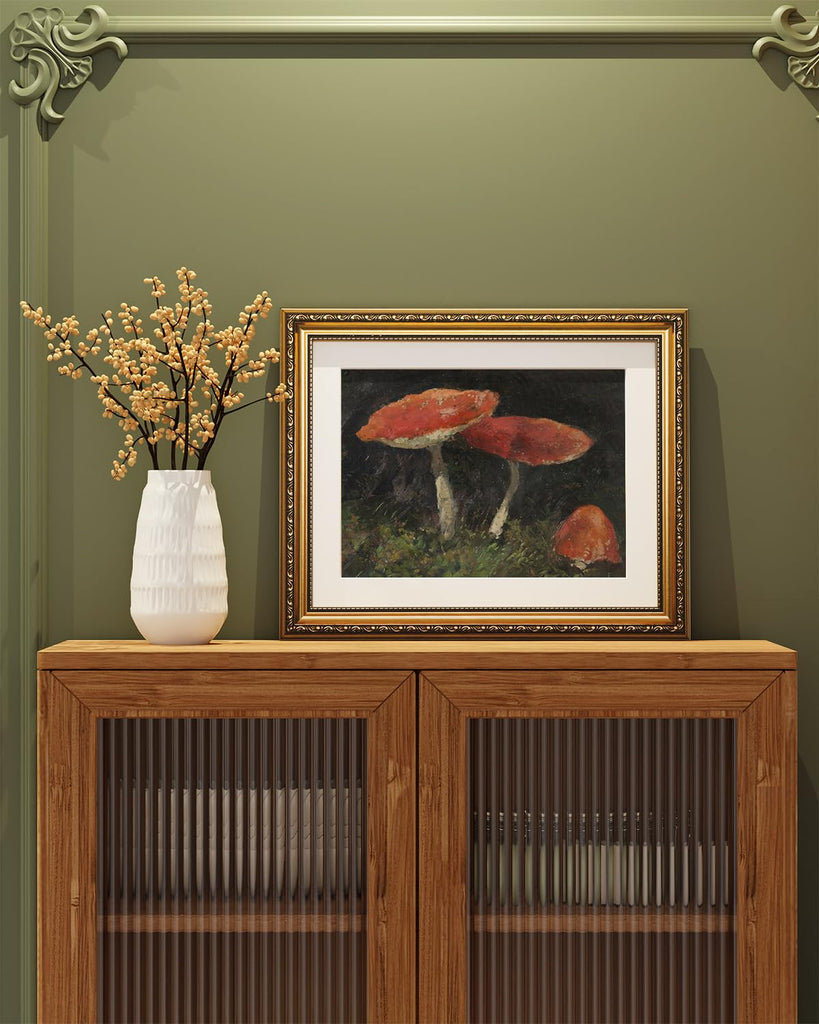 Vintage Gold Framed Mushroom Wall Art, Retro Botanical Paintings Farmhouse Cottagecore Decor, Canvas Prints, Antique